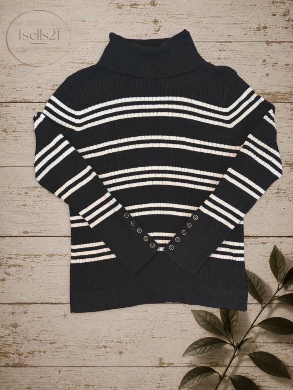 Talbots Black/White Striped Ribbed Turtleneck Sweater - Size LP